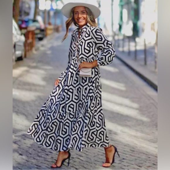 Zara Dresses & Skirts - Zara Ecru White Black Geo Geometric Print Tiered Dress